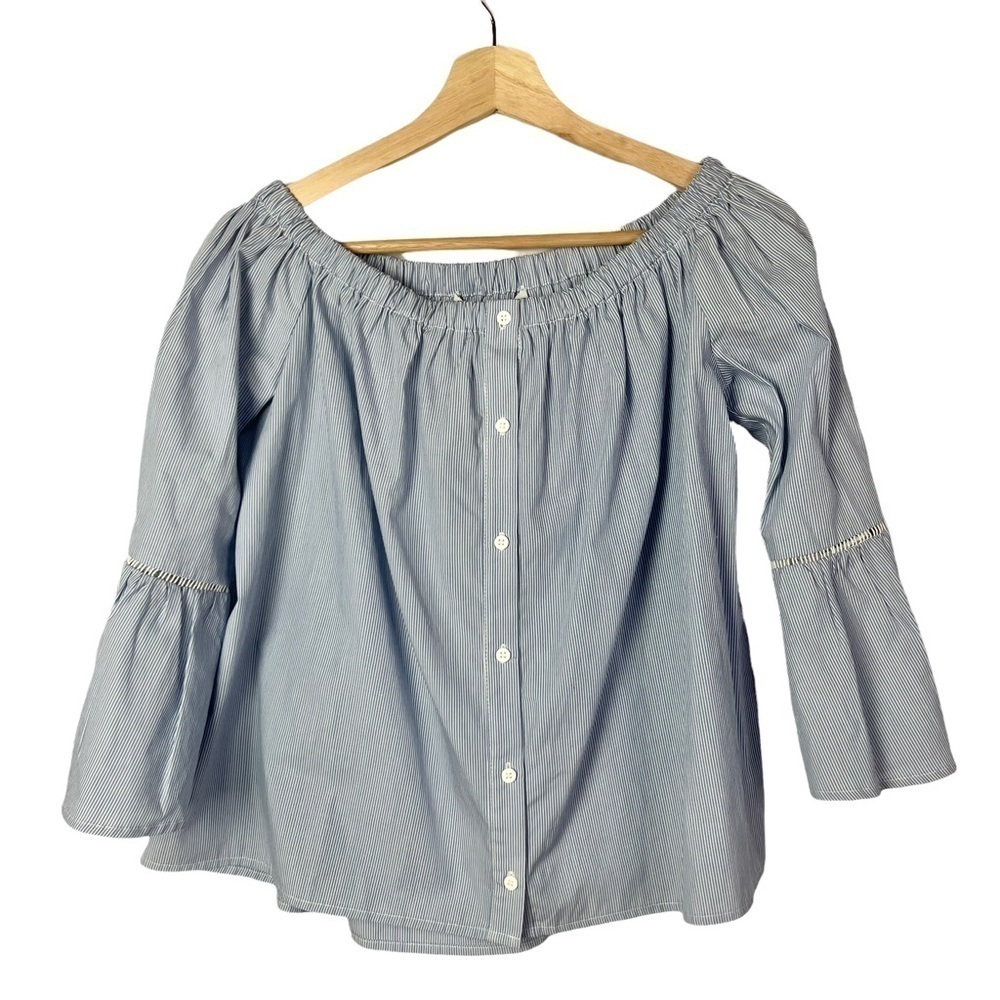 Collective Concepts Blue Stripe Off the Shoulder Long‎ Sleeve Blouse S